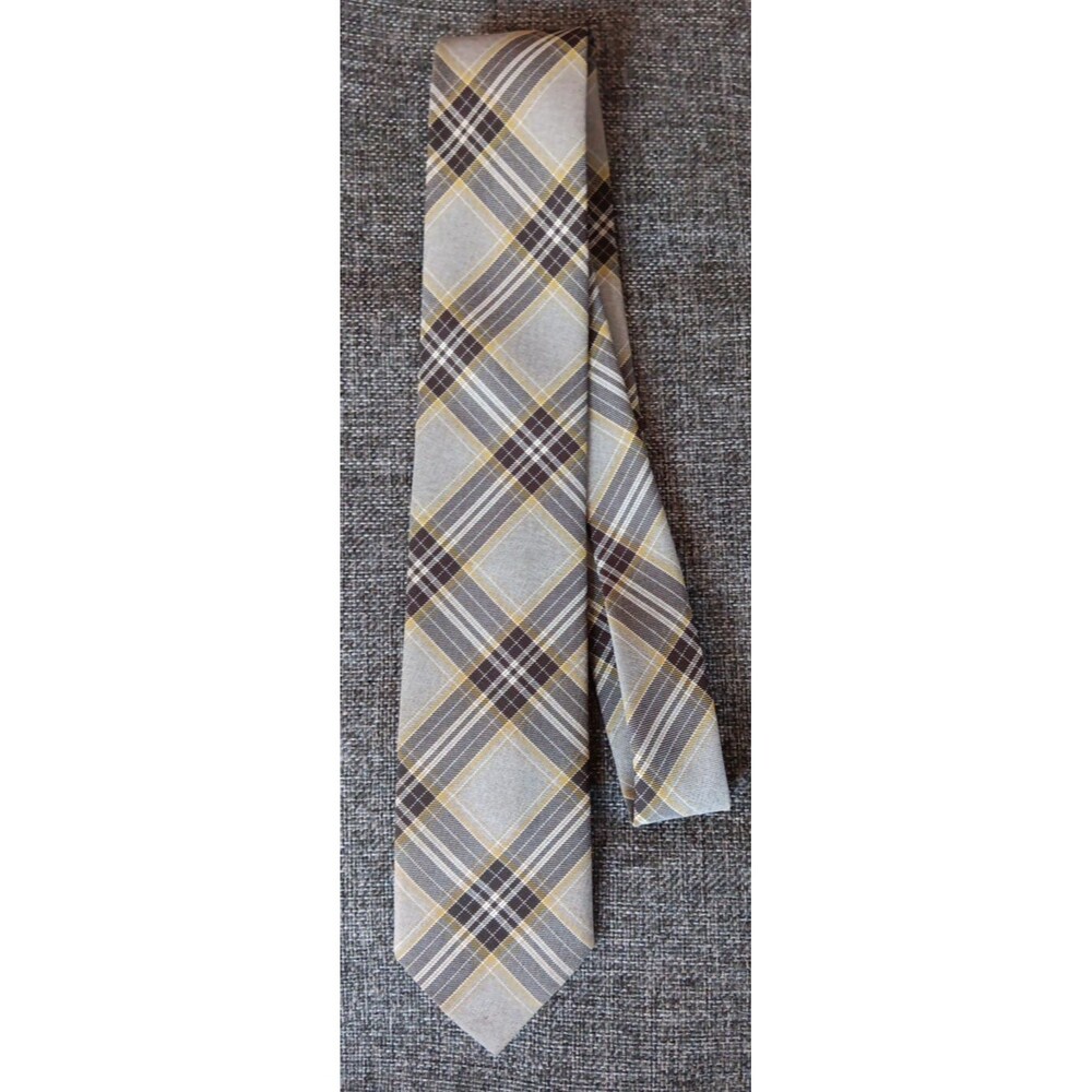 Tie 70s 80s 90s Y2K Mens Brown Khaki Yellow Plaid 3 Wide 55 Long